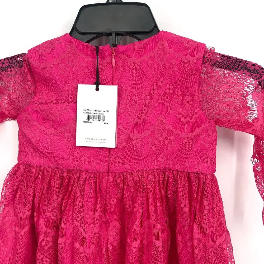 BARDOT Baby Girl Gertrude Lace Dress 12-18 Months Pink Long Sleeve NWT